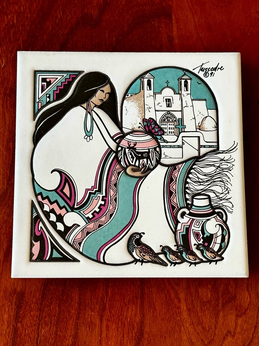 Vintage Signed 1991 Cleo Teissedre Hand painted Ceramic Tile Southwestern trivet